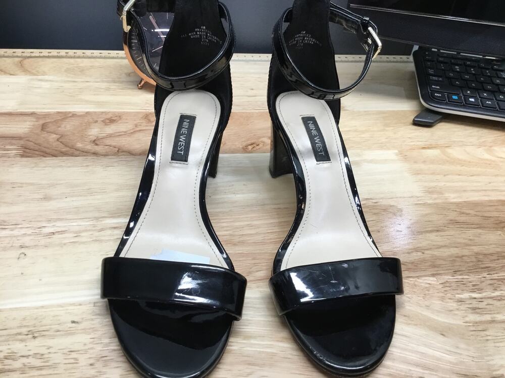Nine West Pruce 3 Women's 6 Black Patent Leather Ankle Strap Block Heel Sandals